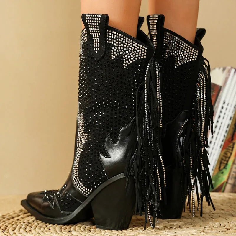 Bottes vaqueras noires pour femme AMPARO de la marque Yehaw MX, en cuir avec détails traditionnels.