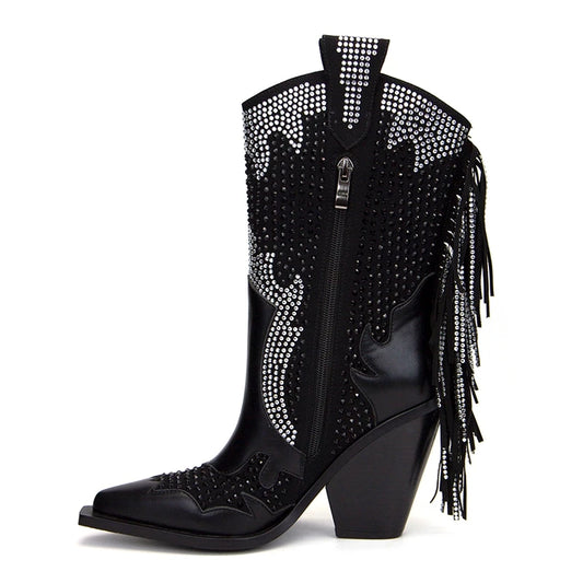 Bottes vaqueras pour femme Yehaw MX Amparo en cuir noir, style décontracté, avec talons modérés et design élégant.
