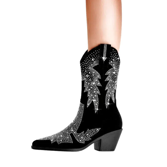 Botas vaqueras pour femme Yehaw MX ALMA en cuir noir, avec détail de couture et semelle en caoutchouc.