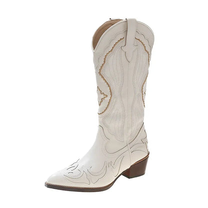 Bottes vaqueras pour femme ANAIS de Yehaw MX en blanc, style cowgirl avec détails en cuir et semelle robuste.