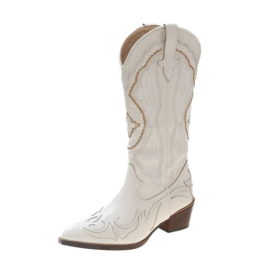 Bottes vaqueras pour femme ANAIS de Yehaw MX en blanc, style cowgirl avec détails en cuir et semelle robuste.