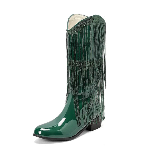 Botas vaqueras pour femme DELFINA de Yehaw MX en vert, avec détails en cuir et style cowboy, vue de côté.